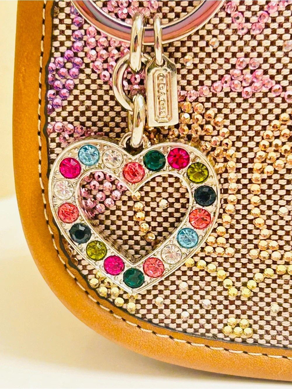 RARE Coach Heart Charm Rainbow Crystals Keychain/ Bag Charm